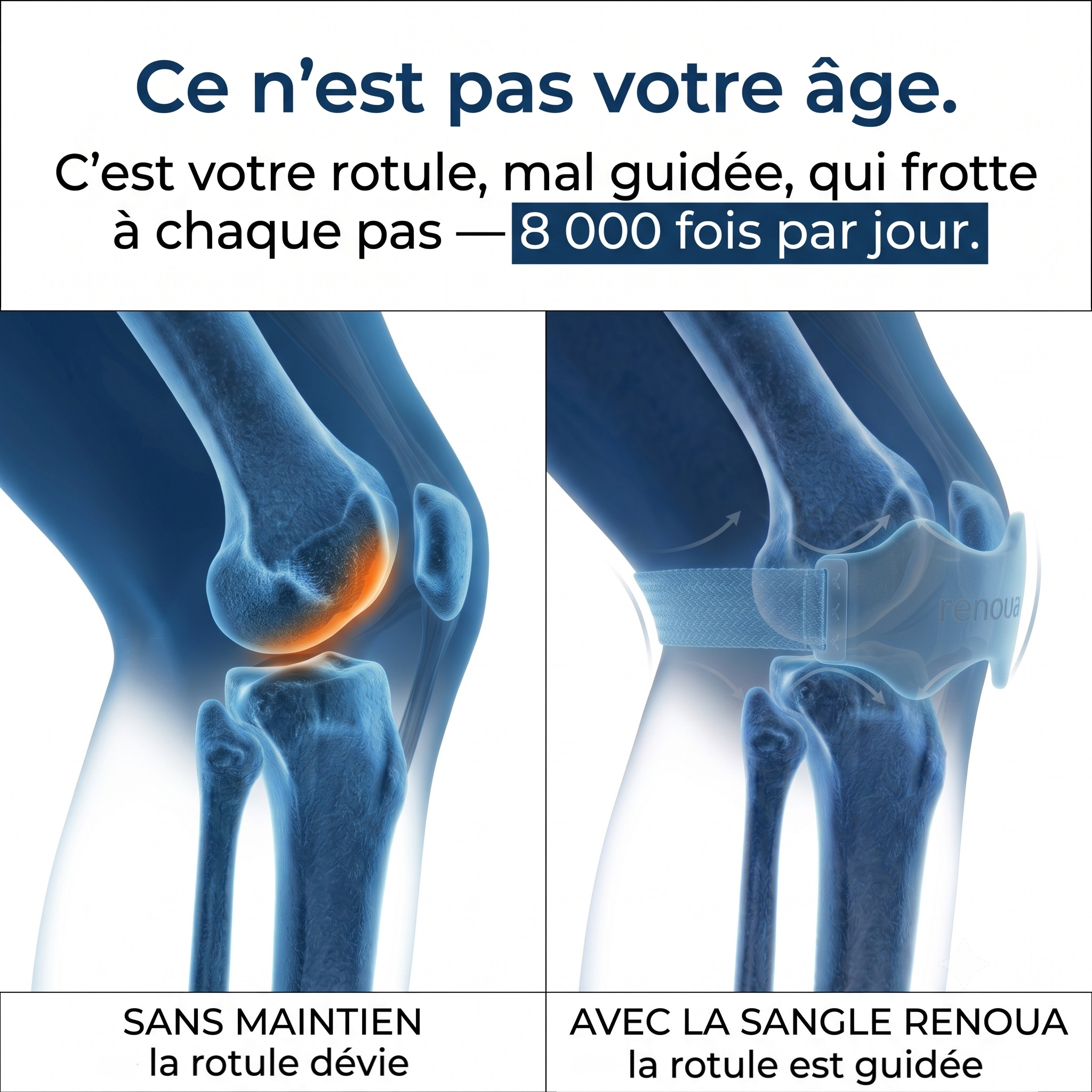 Le genou soulagé le jour, détendu la nuit.