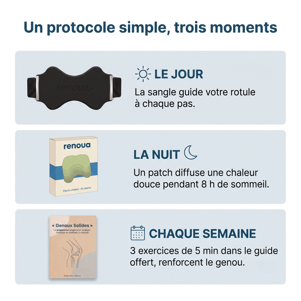 Le genou soulagé le jour, détendu la nuit.