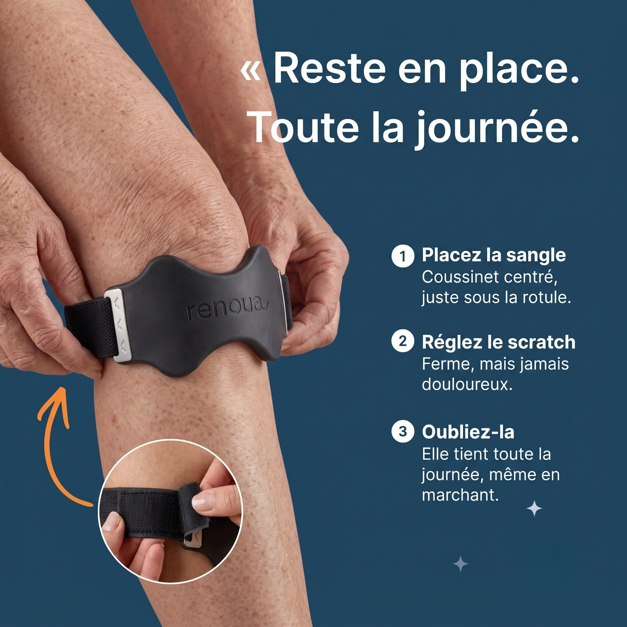 Le genou soulagé le jour, détendu la nuit.